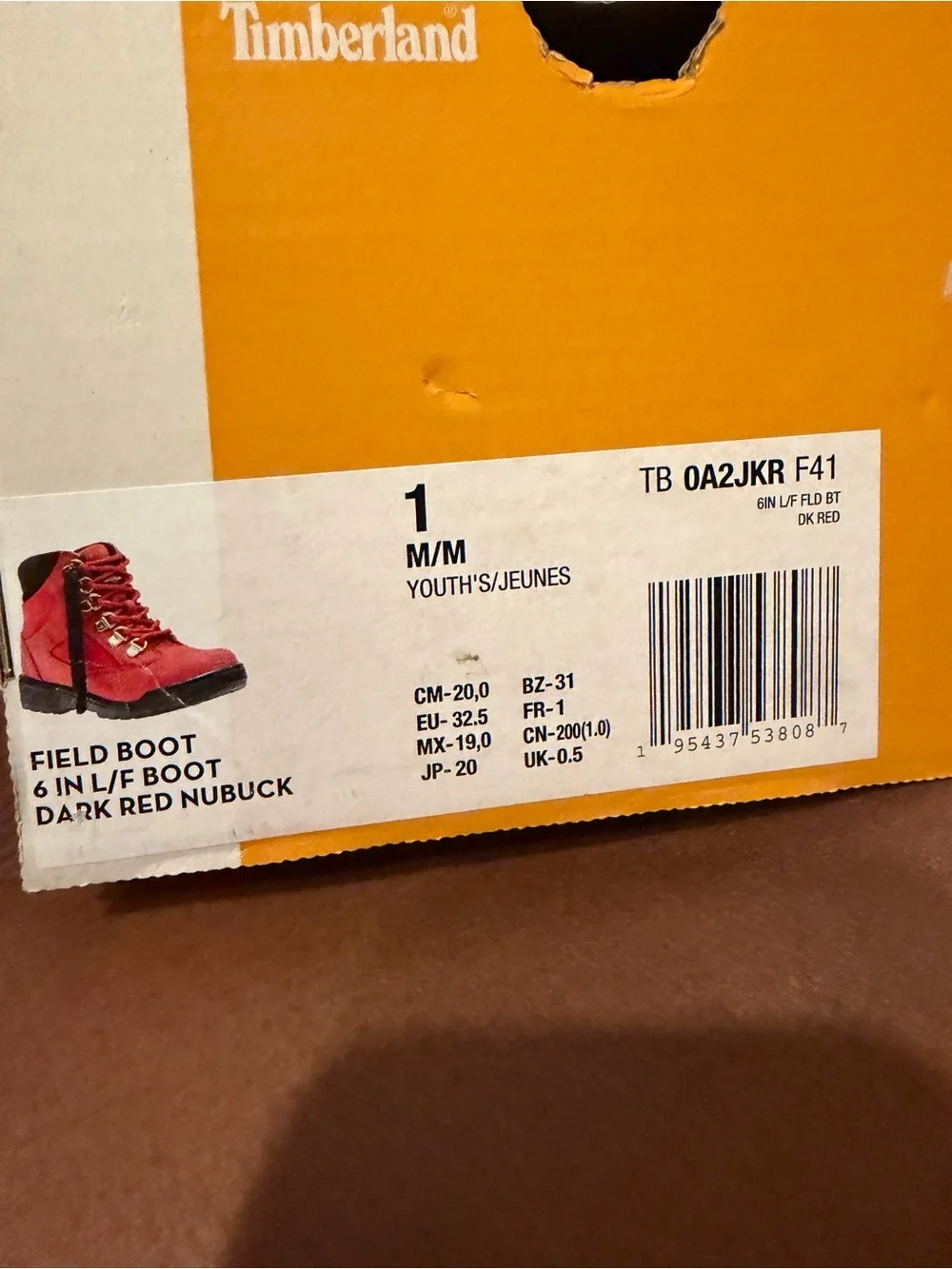 Timberland Red Nubuck Lace-Up Boots with Black Collar size 1